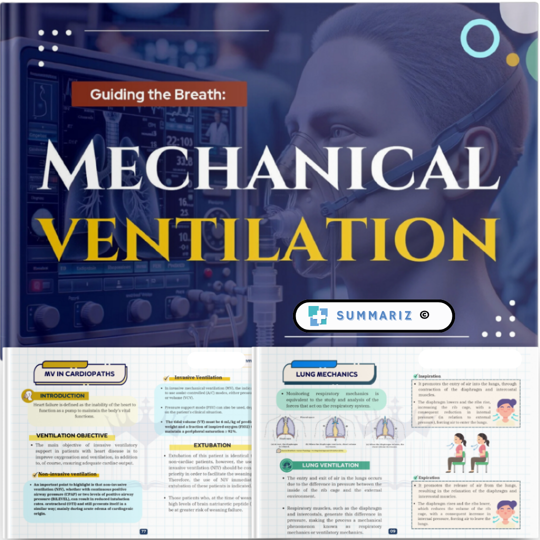 Mechanical Ventilation, Lung Mechanics, Ventilatory Cycle, Respiratory Failure, Invasive Ventilation, Non-Invasive Ventilation, Children's MV, Ventilation Parameters, MV Indications, NIV Indications, Respiratory Assessment, Ventilatory Support, MV Adjustments, Gasometric Adjustments, Pulmonary Effects, Cardiovascular Effects, Renal Effects, Nervous System, Nutritional Aspects, Barotrauma, Ventilatory Weaning, Pressure Alarms, Flow Asynchrony, Cycling Asynchrony, PEEP Titration, Health Professionals, Medical